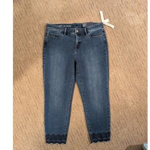 Talbots Slim Ankle Jeans Womens 14 Blue Flawless Eyelet Hem Mid Rise Denim